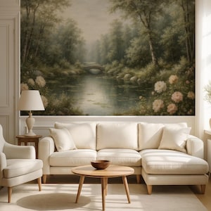 May include: A large wall mural featuring a landscape painting of a calm river, a stone bridge, and lush green trees. The scene includes clusters of pale pink and white roses along the riverbanks, creating a serene forest atmosphere in a room.