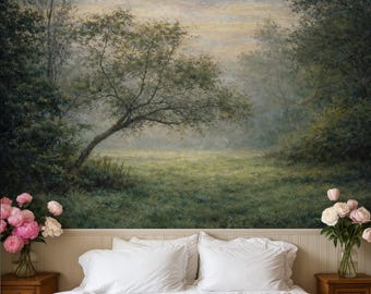 Trees Mural Wallpaper Misty Forest Mural Peel & Stick or Traditional, Green Landscape Wallpaper for Nature Bedroom Decor, Moody Wallpaper