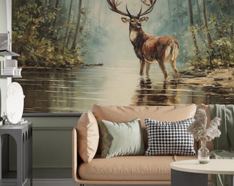 Wallpaper vintage landscape with deer, forest lake wallpaper mural, woodland scene wallpaper vintage home decor, living room, cabin
