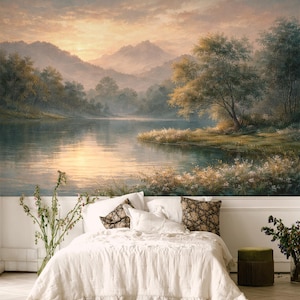 Pastoral Landscape Mural Wallpaper, Rural Forest and Lake Wallpaper Mural Countryside, Scenic Mural Peel and Stick and Traditional image 2