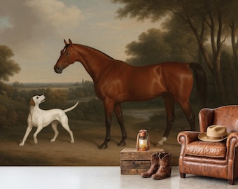 Puede incluir: Un mural de pared con una pintura de un caballo marrón y un perro blanco en un paisaje, colocado detrás de un sillón de cuero marrón, un par de botas vaqueras de cuero marrón, una caja de madera y una pequeña linterna de metal en el suelo.