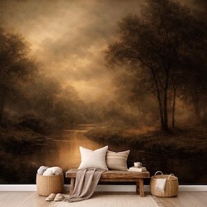 Dark Moody Wallpaper Landscape Mural, Moody Forest Wallpaper, Vintage Forest Mural Wallpaper for Modern Room Decor Dark Accent Wall image 2