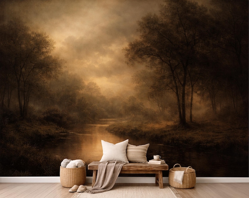 Dark Moody Wallpaper Landscape Mural, Moody Forest Wallpaper, Vintage Forest Mural Wallpaper for Modern Room Decor Dark Accent Wall image 2