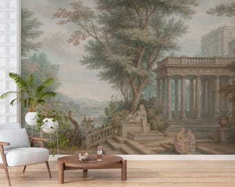 May include: A wall mural featuring a classical landscape painting with a stone pavilion, columns, and figures near a fountain. The scene includes large trees, a distant mountain range, and a soft, muted color palette of greens, browns, and grays.