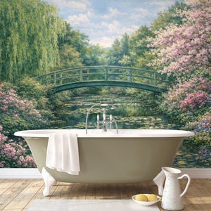 Garden Landscape Wallpaper Murals, Green Nature Wallpaper with Romantic Water Lily Pond, Scenic Mural Peel and Stick and Traditional image 4