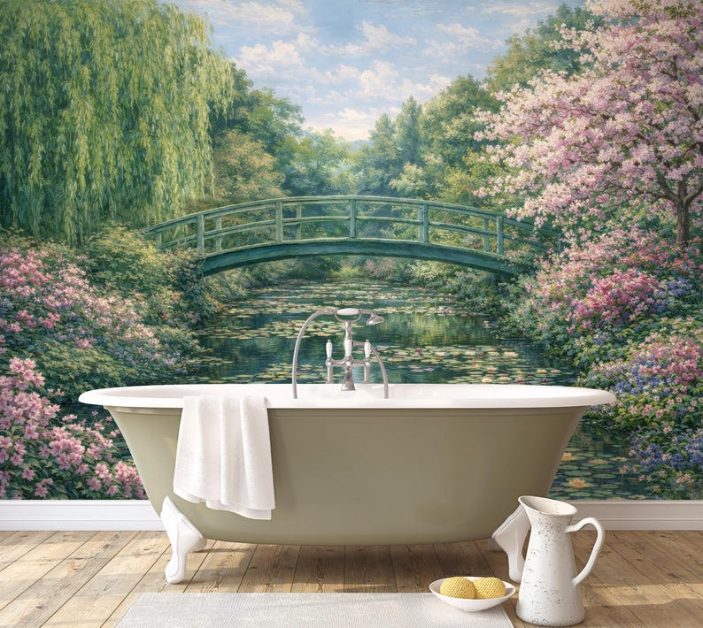Garden Landscape Wallpaper Murals, Green Nature Wallpaper with Romantic Water Lily Pond, Scenic Mural Peel and Stick and Traditional image 4