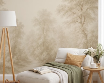 May include: A beige wallpaper mural featuring a soft-focus forest landscape with trees and foliage. The room includes a white chaise lounge with a green throw blanket, a brown pillow, an open book, a floor lamp, and a small wooden side table.