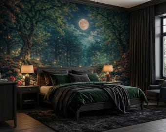 May include: A bedroom featuring a large wall mural of a moonlit forest with glowing fireflies and blooming flowers. The room includes a dark wooden bed frame with dark green bedding, two matching nightstands with lamps, and a dark area rug.