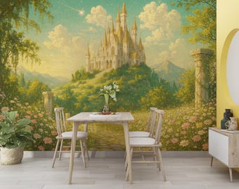 Landscape Wallpaper Fairy Tale Castle Wall Mural, Castle Wallpaper Mural Kids Room, Fantasy Wall Mural Nursery Removable Wallpaper