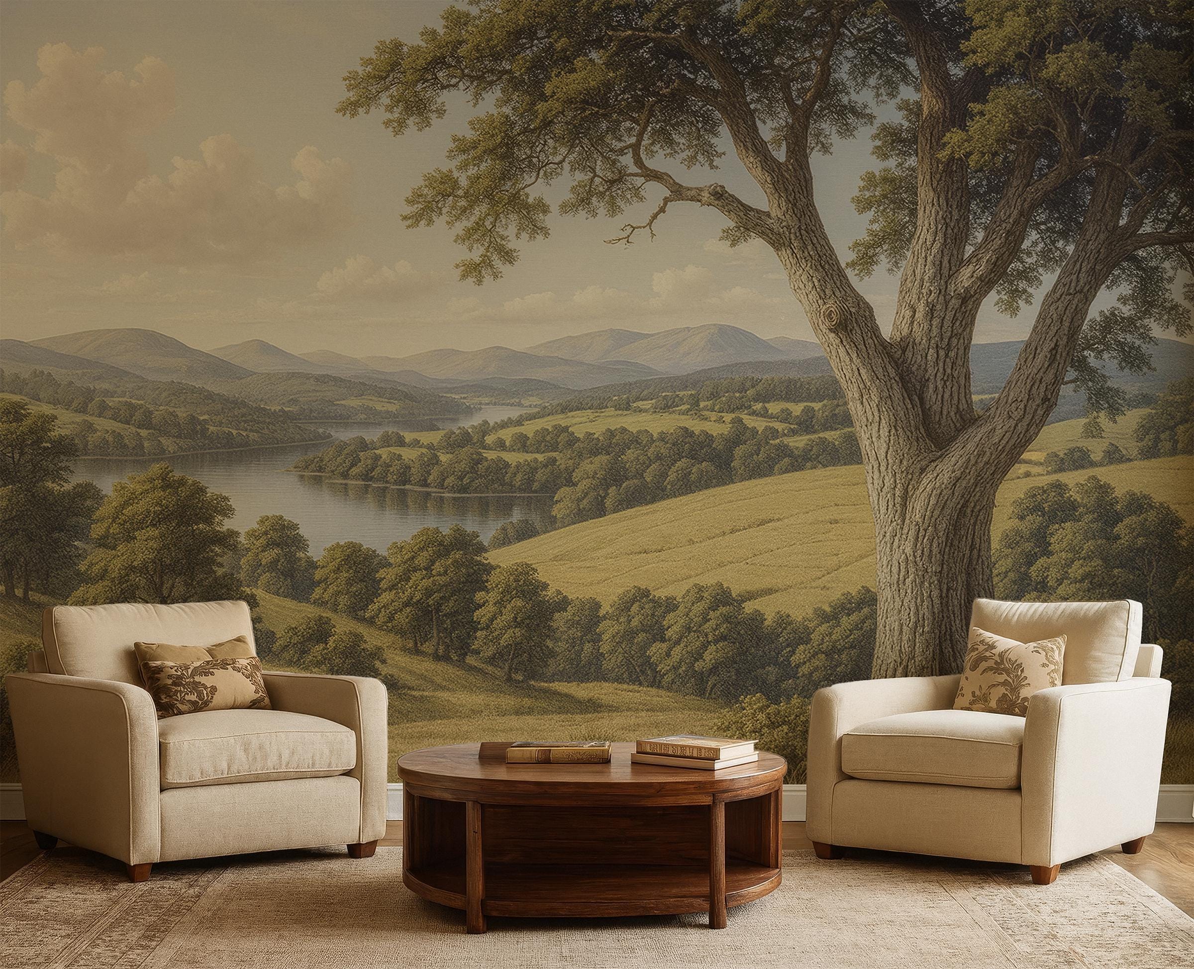 Landscape Wallpaper Countryside Wall Mural, Vintage Tree Wallpaper for ...
