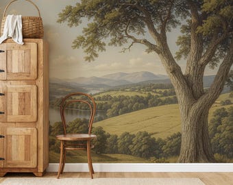 Landscape Wallpaper Countryside Wall Mural, Vintage Tree Wallpaper for Classic Rustic Interior Decor, Tree Scenic Wallpaper Peel & Stick