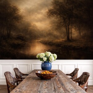 Dark Moody Wallpaper Landscape Mural, Moody Forest Wallpaper, Vintage Forest Mural Wallpaper for Modern Room Decor Dark Accent Wall image 4