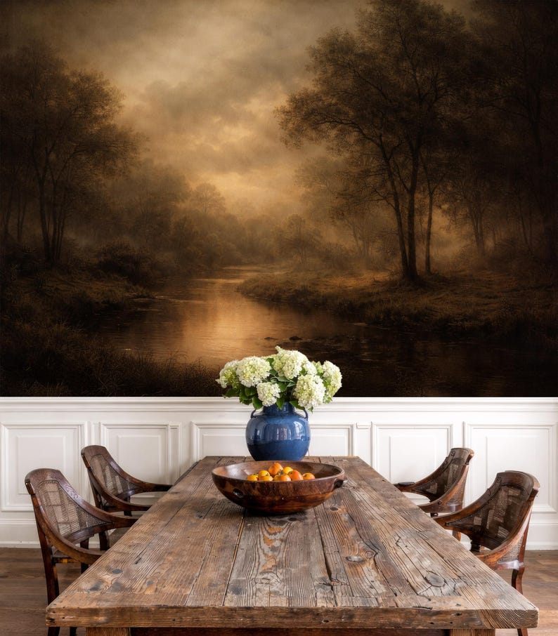 Dark Moody Wallpaper Landscape Mural, Moody Forest Wallpaper, Vintage Forest Mural Wallpaper for Modern Room Decor Dark Accent Wall image 4