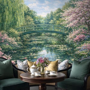 Garden Landscape Wallpaper Murals, Green Nature Wallpaper with Romantic Water Lily Pond, Scenic Mural Peel and Stick and Traditional image 3