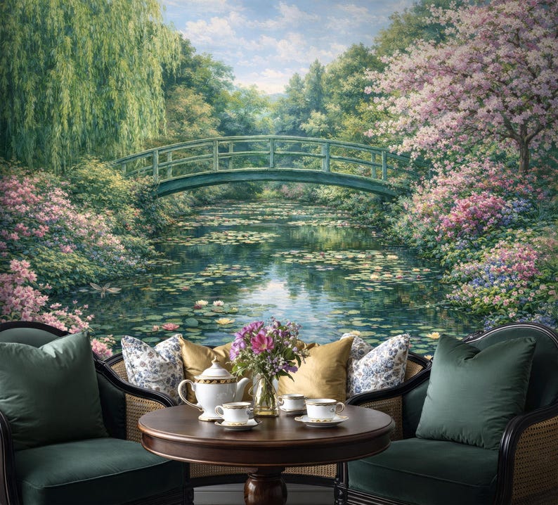 Garden Landscape Wallpaper Murals, Green Nature Wallpaper with Romantic Water Lily Pond, Scenic Mural Peel and Stick and Traditional image 3