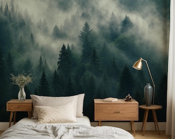 Misty forest wallpaper dark green landscape wall mural, foggy pine trees landscape forest wall mural wallpaper for modern home decor bedroom