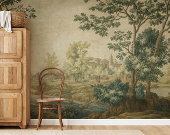 Landscape Mural Wallpaper Peel & Stick and Traditional, Scenic Wallpaper Green Trees and River, Vintage Neutral Landscape Wall Decor