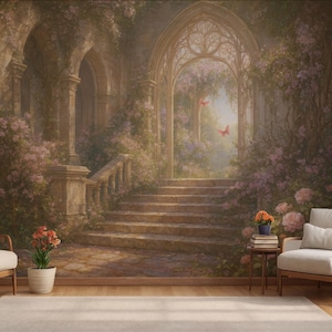 May include: A wall mural featuring a stone staircase leading through a gothic archway surrounded by blooming pink roses and lush greenery. Two light-colored armchairs are positioned on either side of the mural, with a small potted plant and books.