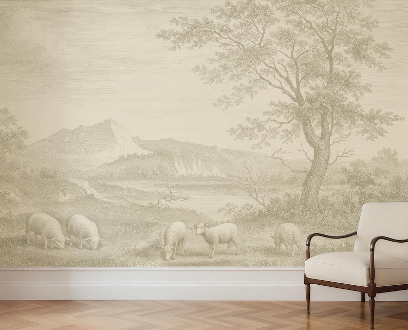Wallpaper Mural Pastoral Landscape With Sheep, Vintage Pastoral ...
