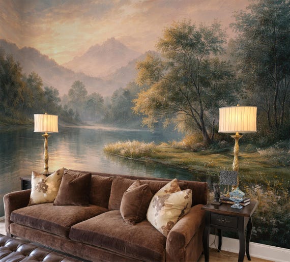 Pastoral Landscape Mural Wallpaper, Rural Forest and Lake Wallpaper Mural Countryside, Scenic Mural Peel and Stick and Traditional