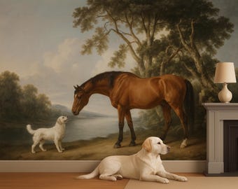 May include: A wall mural featuring a painted landscape with a brown horse and a white dog standing near a river, with a white dog lying in the foreground and a lamp on a fireplace mantel positioned to the right of the mural scene.