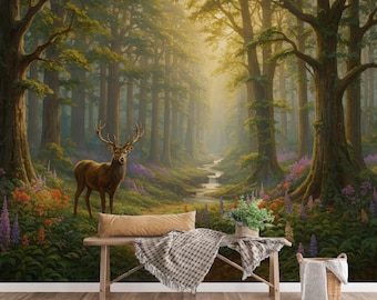Woodland landscape wallpaper mural, forest wallpaper with deer, woodland scenery Peel and Stick wallpaper natural themed home decor
