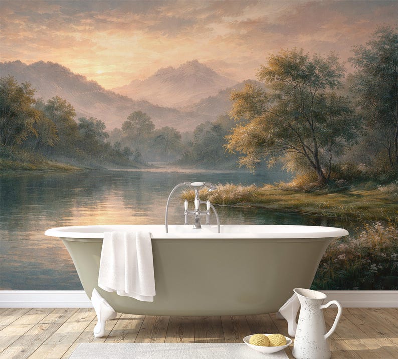 Pastoral Landscape Mural Wallpaper, Rural Forest and Lake Wallpaper Mural Countryside, Scenic Mural Peel and Stick and Traditional image 4