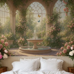 May include: A wall mural featuring a stone fountain in a garden with pink roses, arched windows, and two butterflies. The scene is set above a bed with white pillows and bedding, flanked by two wooden nightstands with vases of pink roses.