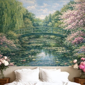 Garden Landscape Wallpaper Murals, Green Nature Wallpaper with Romantic Water Lily Pond, Scenic Mural Peel and Stick and Traditional image 1