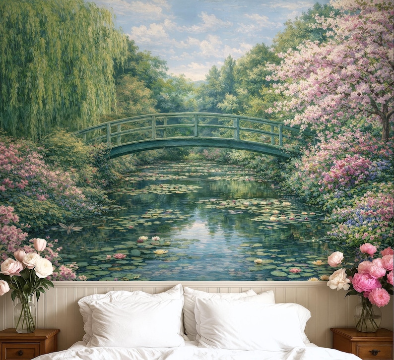 Garden Landscape Wallpaper Murals, Green Nature Wallpaper with Romantic Water Lily Pond, Scenic Mural Peel and Stick and Traditional image 1