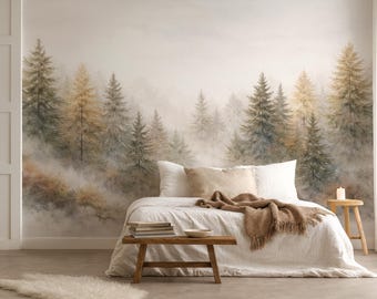 May include: A wall mural featuring a misty forest landscape with evergreen trees in shades of muted green, brown, and gold. The scene depicts a dense woodland area with soft, hazy fog layers, creating a serene and atmospheric backdrop for a bedroom.
