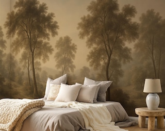 Forest Wall Mural Vintage Landscape Wallpaper Calm Nature for Bedroom or Living Room, Scenic Tree Wallpaper in Classic Vintage Style