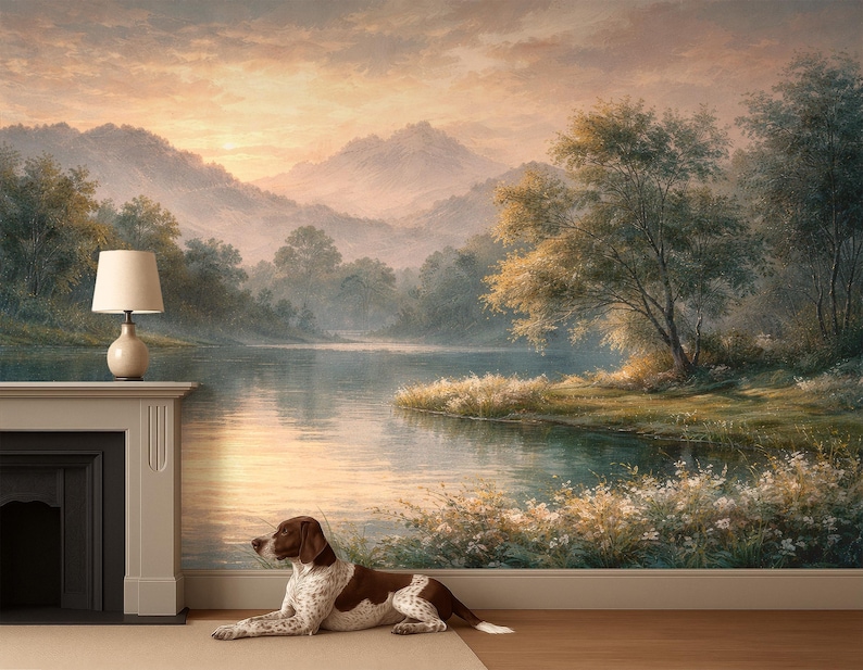 Pastoral Landscape Mural Wallpaper, Rural Forest and Lake Wallpaper Mural Countryside, Scenic Mural Peel and Stick and Traditional image 3