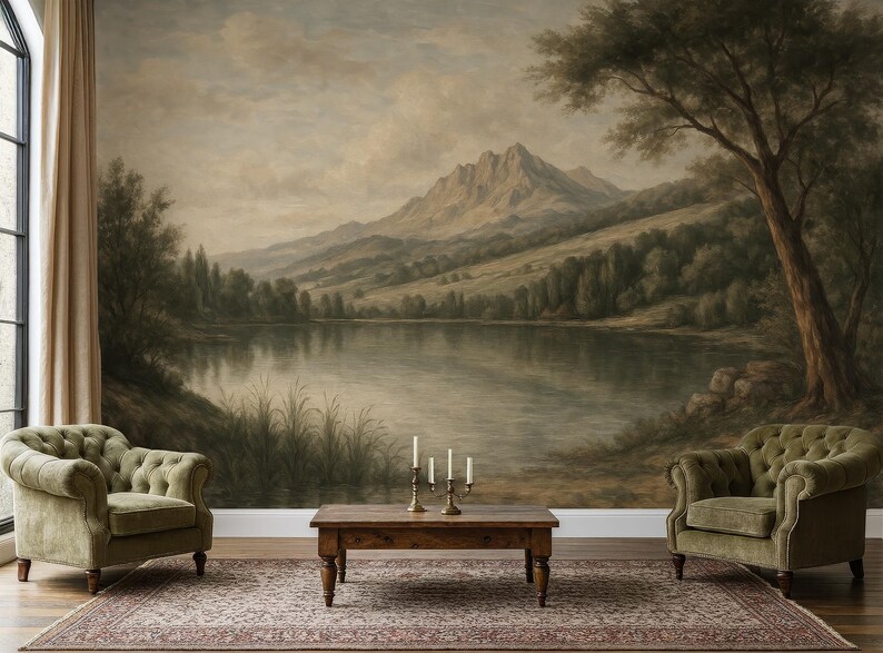 Scenic Wallpaper Mural Vintage Landscape Wall Mural, Traditional Scenic ...