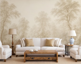 Forest Wallpaper Mural Beige Landscape, Neutral Beige Limewash Wall Mural for Living Room or Bedroom, Beige Trees Mural Wallpaper