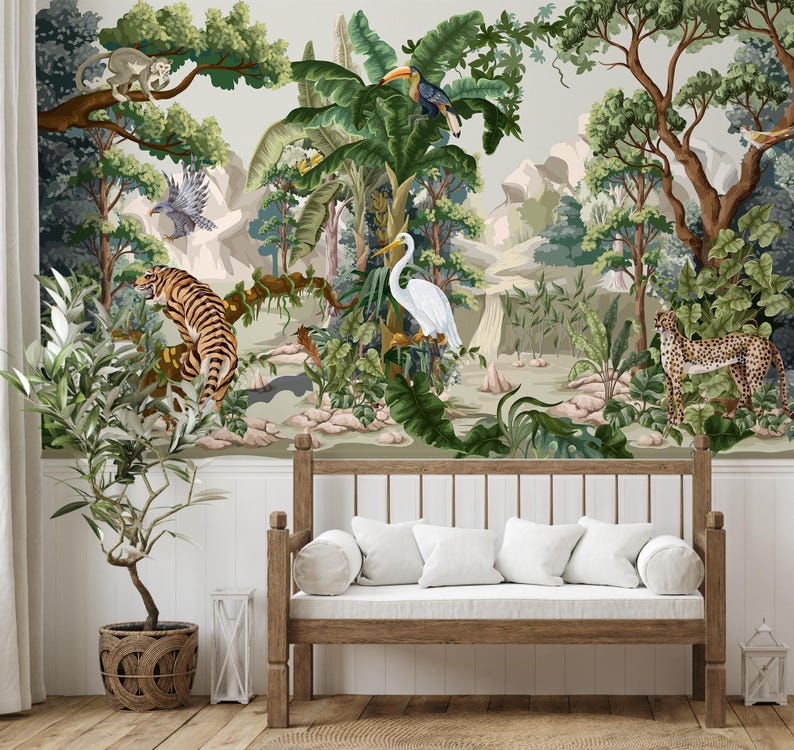 Tropical Landscape Wallpaper With Tiger and Exotic Birds, Jungle Wall ...