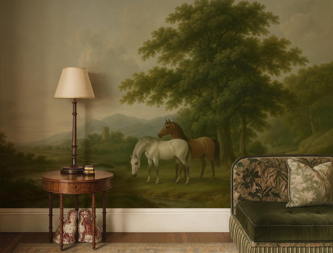 Landscape Wallpaper With Horses, Moody Wallpaper Mural for Elegant ...