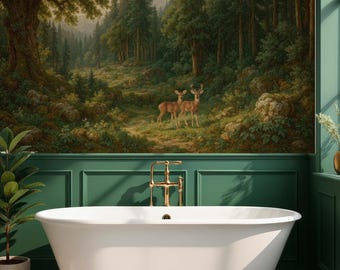 Woodland wallpaper mural, forest landscape wallpaper with deer, woodland scenery Peel and Stick wallpaper for bathroom or bedroom decor
