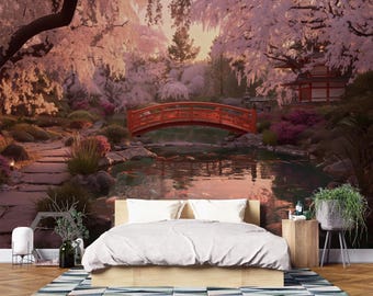 Sakura Landscape Wallpaper, Asian Nature Wall Decor for Bedroom & Living Room, Japanese Garden Wallpaper Mural Peel Stick and Traditional
