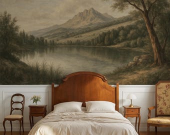 Scenic Wallpaper Mural Vintage Landscape Wall Mural, Traditional Scenic Wall Decor Mountain & Lake, Vintage Wallpaper Premium Quality