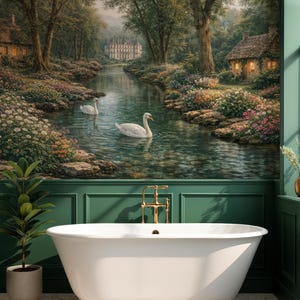May include: A white freestanding bathtub sits in front of a wall mural depicting a river scene with two white swans, lush flower beds, stone cottages, and a distant castle. The bathroom features dark green wainscoting and a gold faucet fixture.