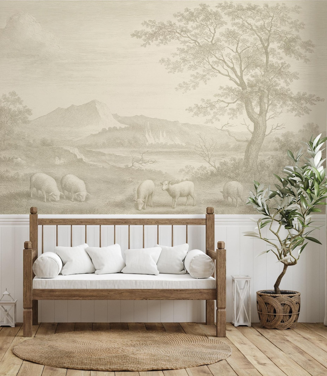 Wallpaper Mural Pastoral Landscape With Sheep, Vintage Pastoral ...