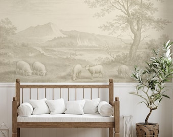 Wallpaper Mural Pastoral Landscape with Sheep, Vintage Pastoral Landscape Wall Mural, Beige Scenic Wallpaper Peel & Stick Vintage Wall Decor