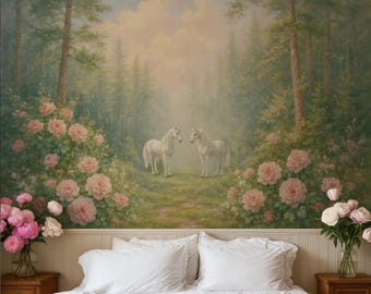Unicorn Fairy Forest Wallpaper Landscape for Nursery or Bedroom Wall Decor, Vintage Wallpaper Woodland Kids Decor Fairytale Magical Forest