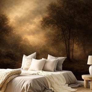 Dark Moody Wallpaper Landscape Mural, Moody Forest Wallpaper, Vintage Forest Mural Wallpaper for Modern Room Decor Dark Accent Wall image 3