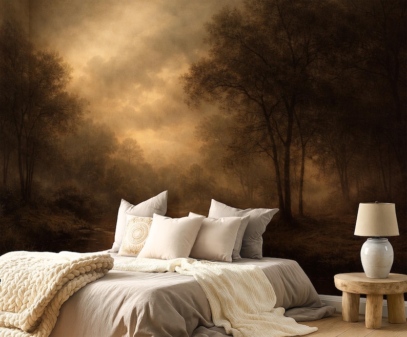 Dark Moody Wallpaper Landscape Mural, Moody Forest Wallpaper, Vintage Forest Mural Wallpaper for Modern Room Decor Dark Accent Wall image 3