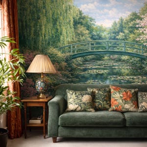 Garden Landscape Wallpaper Murals, Green Nature Wallpaper with Romantic Water Lily Pond, Scenic Mural Peel and Stick and Traditional image 2