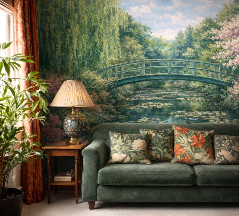 Garden Landscape Wallpaper Murals, Green Nature Wallpaper with Romantic Water Lily Pond, Scenic Mural Peel and Stick and Traditional image 2