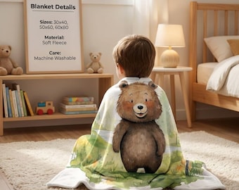 Sherpa Fleece Blanket with Watercolor Bear Design, Woodland Nursery Decor, Cozy Animal Throw, Soft Plush Comfort Gift, Nature Inspired Art