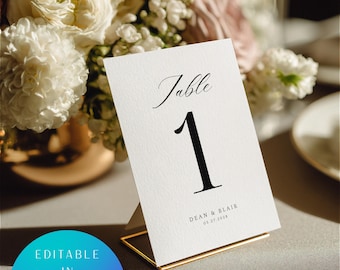 Wedding Table Numbers Template, Elegant Black & White, Editable in Canva